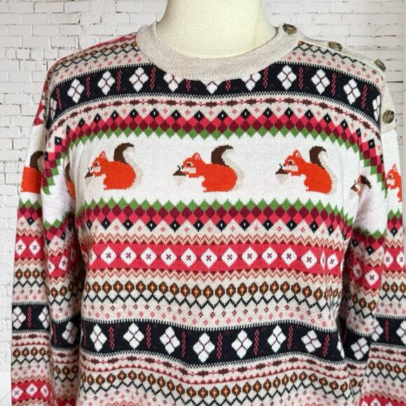 Talbots Fair Isle Squirrel Sweater Womens M Button Accent Nordic Petite/Regular - Picture 2 of 8